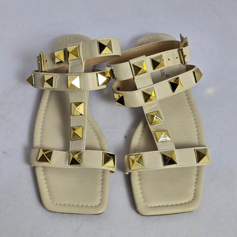 Nature Breeze Cream Gold Pyramid Stud Gladiator Sandals Square Toe Womens 9